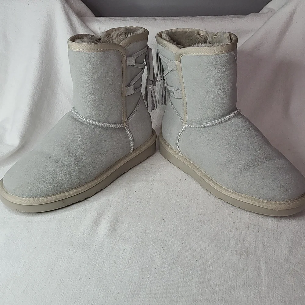 LAM Womens Light Blue Suede? Fur Lined Winter Boots Zips Lace-up Tassle Sz 6 EUC